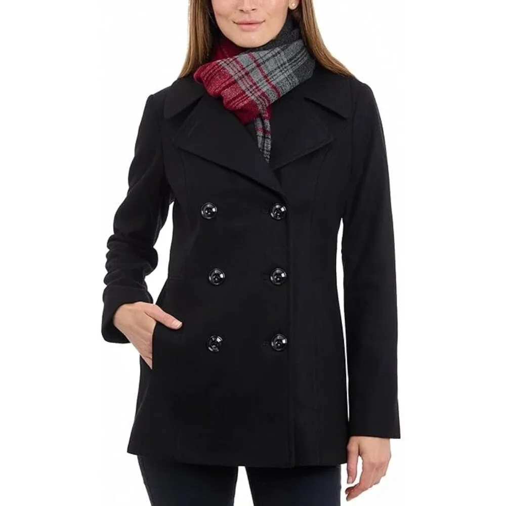 LONDON FOG Womens Double Breasted Peacoat with Scarf Black Size Medium NEW - Picture 1 of 11